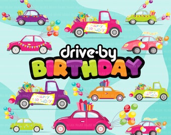 Drive-by Birthday Party parade clipart, girls quarantine birthday party, drive through party truck, car graphics, PNG clip art