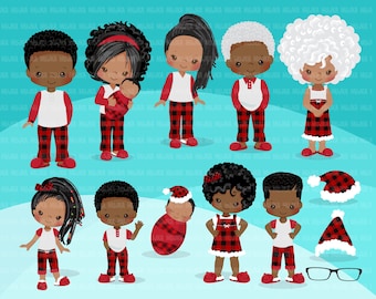 Christmas Pajama Black family clipart, portraits, mom, dad, grandparents, baby, kids afro family graphics, plaid Sublimation Designs PNG