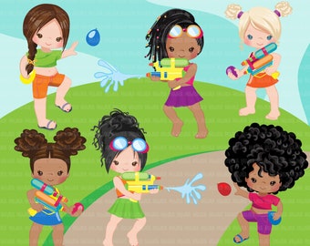 Water gun fight clipart, girls, black girls outdoors water balloon fight, summer birthday graphics, Sublimation Designs PNG clip art