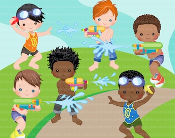 Water gun fight clipart, boys, black boys outdoors water balloon fight, summer birthday graphics, Sublimation Designs PNG clip art