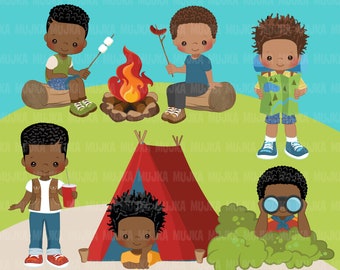 Black Boy png, camping clipart, campground png, campfire, tent, boy outdoor graphics, Sublimation Designs Png clip art