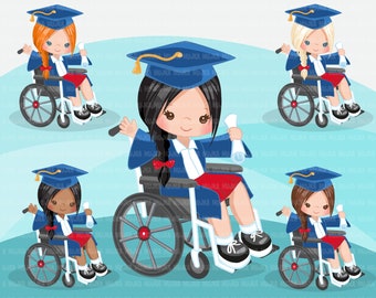 Special Needs Wheelchair graduate girl clipart. Graduation disability, kids, characters, black, school stickers clip art