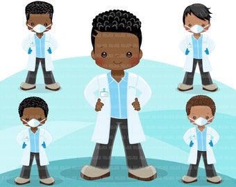 Black male Doctor clipart with mask and gloves, hospital graphics, print and cut PNG digital Designs, Medical boy clip art