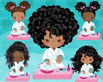 Spa clipart, manicure black girl, spa birthday party graphics nail polish, sublimation Sublimation Designs PNG clip art, afro kids