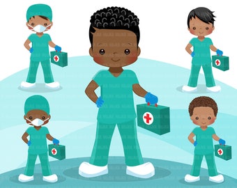Black Male Nurse clipart with mask green scrubs, hospital graphics, print and cut PNG, African American Medical clip art