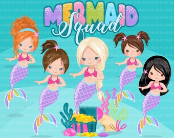 Mermaid clipart, rainbow mermaid graphics, mermaid princess, mermaid squad birthday party, girl PNG sublimation clip art