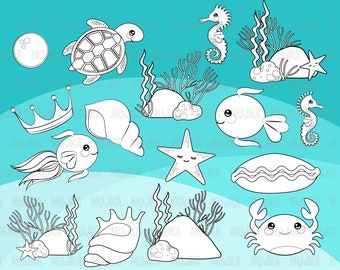 Undersea Digital stamps, black & white marine graphics, mermaid coral, seahorse, starfish, crab coloring book art outline clipart