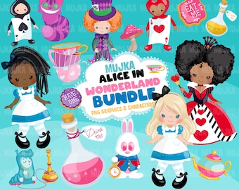 Könnte beinhalten: Ein Set digitaler Illustrationen mit Charakteren und Objekten aus Alice im Wunderland. Das Set enthält Alice, den Hutmacher, die Herzkönigin, die Grinsekatze, das weiße Kaninchen und mehr. Die Illustrationen sind im Cartoon-Stil gehalten und perfekt für die Verwendung in Bastelarbeiten, Scrapbooking und anderen kreativen Projekten.