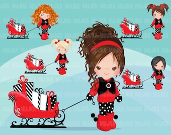 Christmas Clipart, girl with Sled, Christmas kids, Noel graphics, Holiday characters, png sublimation clip art