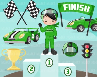 Car Racing Clipart for boys Formula 1 graphics, race flag, finish line. race car, green team clip art, planner sticker, racing helmet, cup