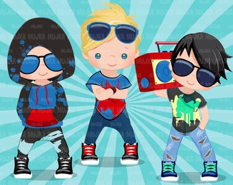 Hip hop dancer boys clipart, boombox, break dance, rapping characters, digital sublimation clip art