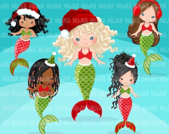 Christmas Mermaid clipart, holiday mermaid graphics, mermaid princess, birthday party, black girl, clip art