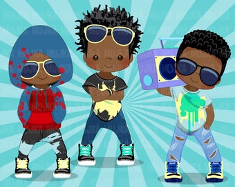 Afro black Hip hop dancer boys clipart, boombox, break dance, rapping characters, digital sublimation clip art