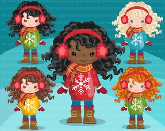 Winter sled snow kids clipart, kids sledding, tobogganing, winter outfits, outdoor activity, graphics, curly girls