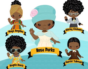 Black history clipart, black history figures Maya Angelou, Rosa Parks, Shirley chisholm, Harriet Tubman, Juneteenth clip art PNG