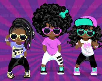 Afro Hip hop dancer girls clipart, break dance, rapping characters, black girl png clip art