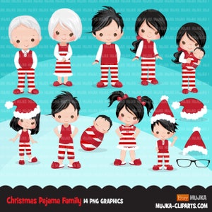 Weihnachten Pyjama Familie Clipart, Porträts, Mama, Papa, Großeltern, Baby, Kinder Kollektion, brünett Grafiken, Sublimation Designs PNG