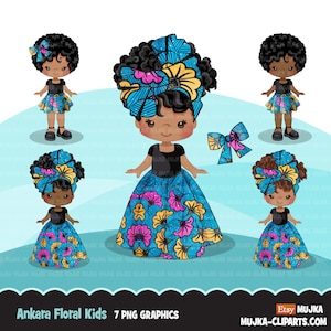 Clipart fille noire PNG, Ankara bleu jaune imprimé floral jupe portefeuille, tissu africain, histoire des noirs graphiques fille afro clip art PNG