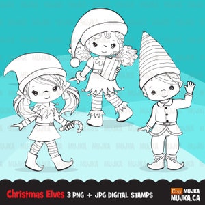 Sellos digitales de duendes navideños. Linda ilustración de Navidad, duendes con bastones de caramelo, simpáticos personajes navideños, ayudantes de Papá Noel, arte para colorear con contornos