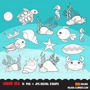 Sellos digitales submarinos, gráficos marinos en blanco y negro, coral de sirena, caballito de mar, estrella de mar, libro para colorear de cangrejos, esquema de arte clipart