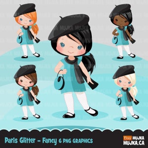 Clipart de Paris. Filles parisiennes sarcelle scintillantes, mode, shopping français, goûter, baby shower, anniversaire, graphismes Oh la la, fantaisie scintillante française