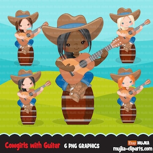 Cowgirl avec des cliparts de guitare, graphiques de ferme de pays de caractères de fermier, fille de pays jouant de la guitare