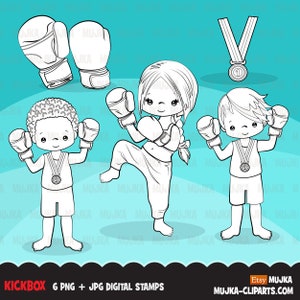 Sellos digitales de kickboxing, gráficos deportivos, clip art en blanco y negro, contorno de kickbox, guantes de boxeo