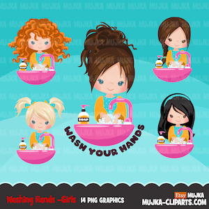 Bathroom Chores Clipart, little girls washing hands, hygiene, healthy life style graphics, Png digital clip art