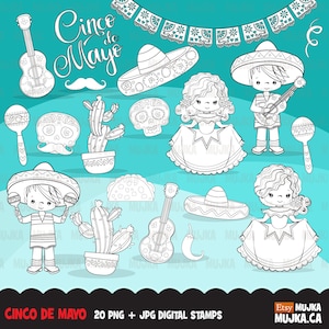 Cinco de Mayo Digital stamps. Mexican holiday mariachi musicians, PAPEL PICADO banner,  , fiesta, coloring outline art, B&W