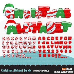 Christmas Alphabet Clipart Bundle, red, stripe and green letters cute Christmas PNG graphics, Candy cane santa hat image 1