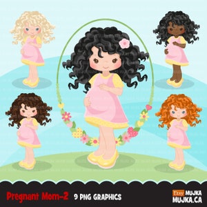 Clipart fille enceinte 2. Future maman, personnages enceintes mignons, clipart baby shower, cadre floral, nouveau-né, pois roses, usage commercial