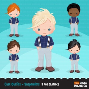 Kleiner Junge niedliche Outfits Clipart. Jungen mit Hosen und Hosenträgern, Abschlussball, Geburtstag, Schule, Kleinkindmode Grafiken. Kommerzielle Nutzung Design