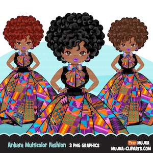 Clipart donna nera PNG, papillon e gonna con stampa multicolore Ankara kente, logo del negozio di grafica di moda capo ragazza afro clip art PNG