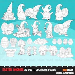 Gnomos de Pascua, sellos digitales, casa de hongos, huevos de Pascua, gráficos escandinavos, ilustración, esquema de arte de libro para colorear