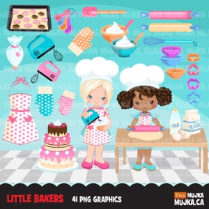 Bakken Clipart. Schattige bakkerspersonages, keukenkarweitjes, bakfeest, cake, spatel, banketbakker, grafische afbeeldingen voor koekjes, bakplezier illustraties