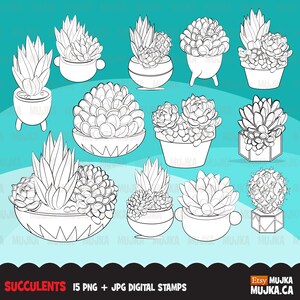Timbres numériques succulents. pots de plantes, dessert, fête des mères, cactus, imprimés, broderie, contour à colorier noir et blanc