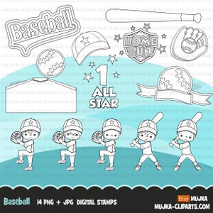 Baseball Digitale Briefmarken, Baseballspieler, Sportgrafik, B&W Clip Art Gliederung, Homerun, All Star, Mütze und Fledermaus
