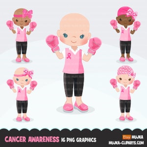 Imágenes prediseñadas de concienciación sobre el cáncer de mama. Guantes de boxeo rosas, chicas con pañuelo, lucha por la chica, personajes supervivientes con lazo rosa