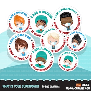 What is your superpower clipart, Digital stickers, Nurse, doctor, pharmacist with mask graphics,  PNG  clip art