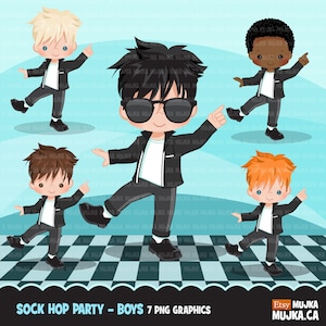 Sokhop feest clipart. Retro jaren 50-personages dansen, schommel, vintage verjaardagsillustratie, schattige jongens, bakkebaarden, zwart
