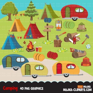 Camping PNG clipart, acampamento, fogueira, barraca, van de campista, fundo de floresta, árvores, gráficos ao ar livre, sublimação Designs Png clip art