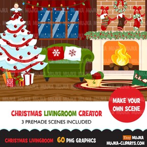 Clipart di Natale, creatore di soggiorno natalizio, alberi di Natale, camino, clip art png di scatole regalo, grafica di sublimazione per uso commerciale