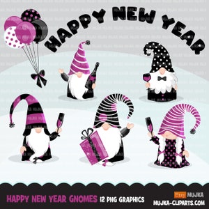 Gnomo Clipart, gráficos de feliz año nuevo, gnomos celebrando, globos, champán png Diseños de sublimación morado negro
