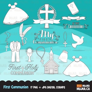 Erste heilige Kommunion Digitale Briefmarken. Religiöse Bibel, Kirche, Taube, Kreuz, Rosenkranz Grafiken, Zeichnung, Schwarzweiß, Stickerei, Digitalisierung