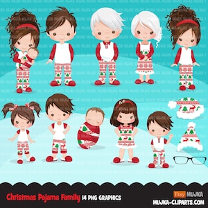 Weihnachten Pyjama Familie Clipart, Porträts, Mama, Papa, Großeltern, Baby, Kinder Brünett Grafiken, Sublimation Designs PNG