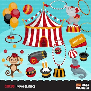 Circus Clipart Big top carnival graphics red and black, amusement park, elephant circus act, monkey, magic show, birthday party, tent design