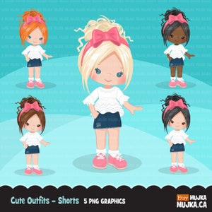 Little Girl Cute Outfits Clipart. Girls With Jean Shorts & Ruffled Top ...