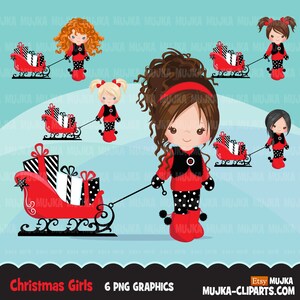 クリスマス クリップアート、そりを持つ女の子、クリスマスの子供たち、ノエル グラフィック、ホリデー キャラクター、PNG 昇華クリップアート