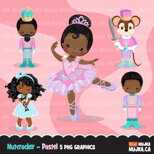 Clipart de Natal, personagens de balé Quebra-nozes pastel, Rei Rato preto, fada Sugar Plum, príncipe, Clara, balé de Natal
