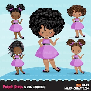 Spring Clipart, purple dress black girls, cute kids graphics, summer fashion, Sublimation Designs PNG clip art, birthday cutout